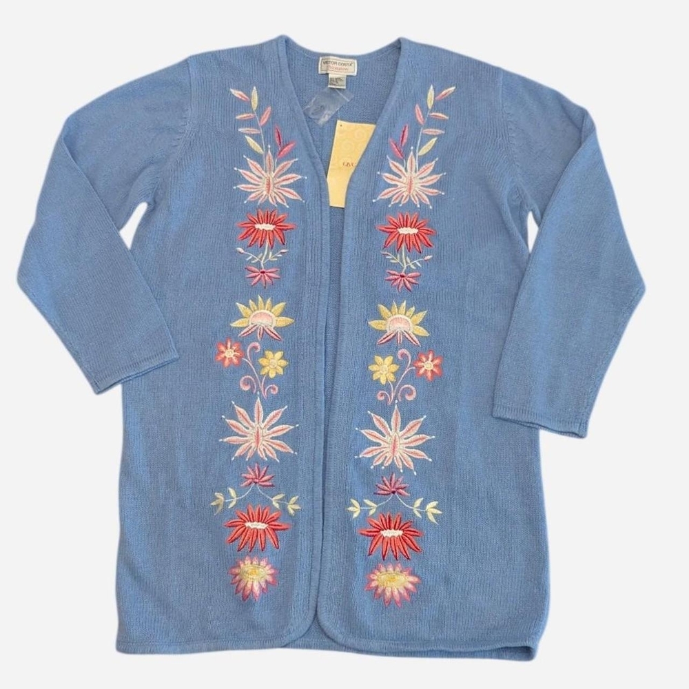 NWT Victor Costa Blue Floral Embroidered Knit Duster Cardigan